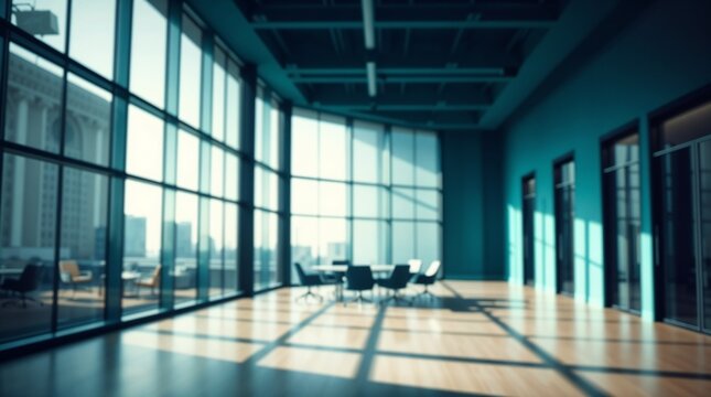 blurred background of a modern office interior with panoramic windows and beautiful lighting, Blurred office meeting room