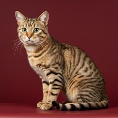 Obraz premium Tabby Cat Sitting on Red Background