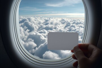 Mockup of a travel ticket held in hand against a backdrop of fluffy clouds viewed through an airplane window on a bright day