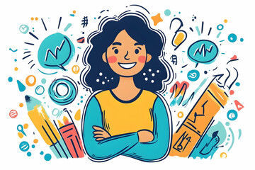 Smiling woman with arms crossed surrounded by colorful graphic elements including pencils and speech bubbles