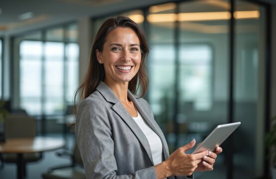 Smiling mid aged businesswoman in office holding digital tablet. Mature female executive works on financial tech, modern banking. Happy woman smiling, looking at screen. Successful career.