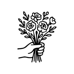 A hand holding a delicate bouquet of roses and leaves vector illustration, perfect for romantic themes, wedding invitations, and floral designs. Black and white line art, minimalist style.