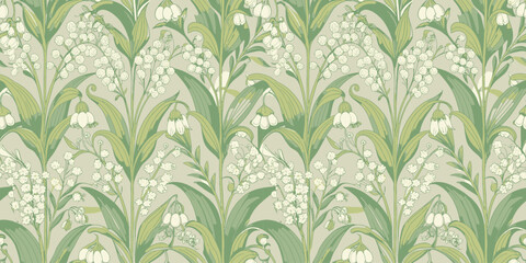 Elegant floral pattern featuring white lilies of the valley on a soft green background.