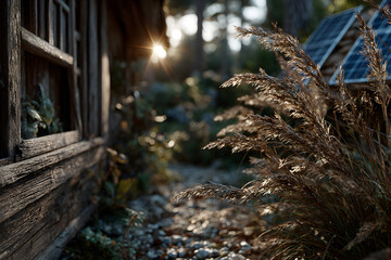 Golden Sunset Light on Dried Grass and Solar Panels