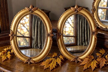 Vintage gold oval photo frame, ornate and polished, resting on dried maple and oak leaves atop a rustic weathered wooden table. Frame contrasts with textured autumn leaves and wood.