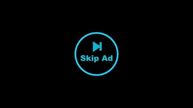 skip ads animation on black background, Skip Web Button Animated, Skip Ads Button.  cyan skip ad click or pointer animation on black background.