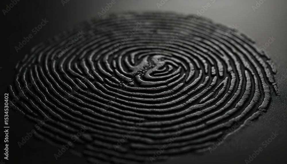 Poster illustration of fingerprint on dark background. design features detailed black fingerprint pattern, 