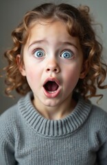 Portrait of surprised young girl with wide blue eyes and open mouth. Curly hair in cozy gray sweater. Neutral background emphasizes expression. Happy child amazement feeling.