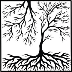 Black Silhouette Tree with Roots and Leaves – Symbolic Nature and Growth Vector Art
