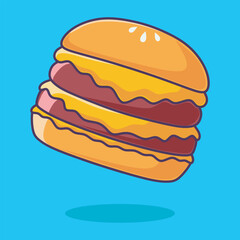 Cute cheese burger vector illustration. Sandwich with full cheese filling and double patty.