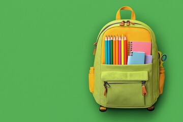 Colorful backpack filled with school supplies on vibrant green background promoting back to school sale offers