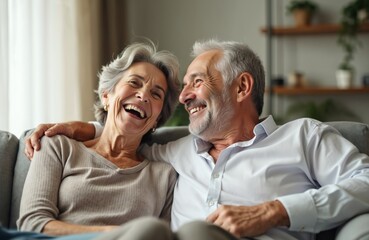 Senior couple laugh on living room sofa. Elderly man, woman enjoy quality time together, home. Happy smiling mature people, retirement lifestyle. Romance, love, fun, joy, relationship. Natural light.