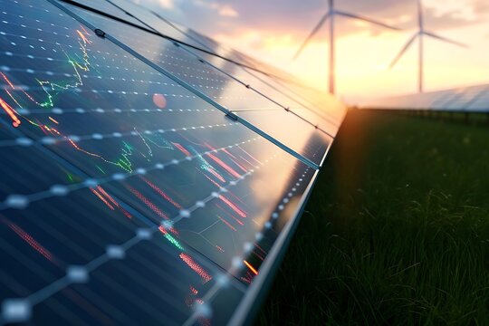 Solar panel energy production growth chart display on grass at sunset with wind turbines in the background. Renewable energy concept, clean power, innovation, sustainability, green eco tech.clean powe