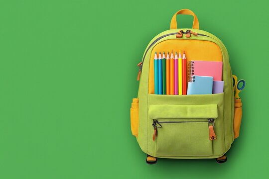 Colorful backpack filled with school supplies on vibrant green background promoting back to school sale offers