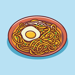 Cute noodles in a plate. Cooked noodles with egg top view. Food cartoon style.Vector illustration.