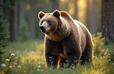 Fototapeta premium Magnificent brown bear Ursus arctos portrait in forest. Wild animal in natural habitat. Brown bear standing on green grass, surrounded by trees, looking at something. Wildlife photo with soft light,