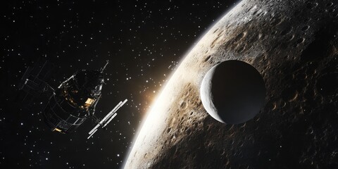 Obraz premium Space scene with planet, moon, and spaceships