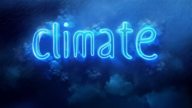Glowing blue word "climate" against a dark blue, stormy sky with strong rain. Animated background for climate change and weather themes