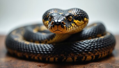 Fototapeta premium Close-up of a black and gold cobra with intricate scales. The reptile stares intensely at the camera, showcasing power and elegance. Naja sp. Cobra is a dangerous and venomous snake.