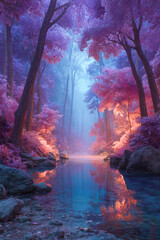 Pink and purple trees reflecting in a clear blue river flowing through a misty forest at dawn
