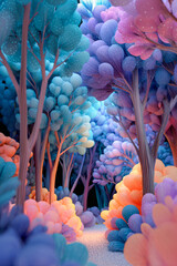 Surreal forest with colorful fantasy trees and glowing plants creating a magical path in an otherworldly landscape