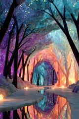 Glowing colorful trees creating a magical atmosphere in a forest at night, reflected in a calm stream