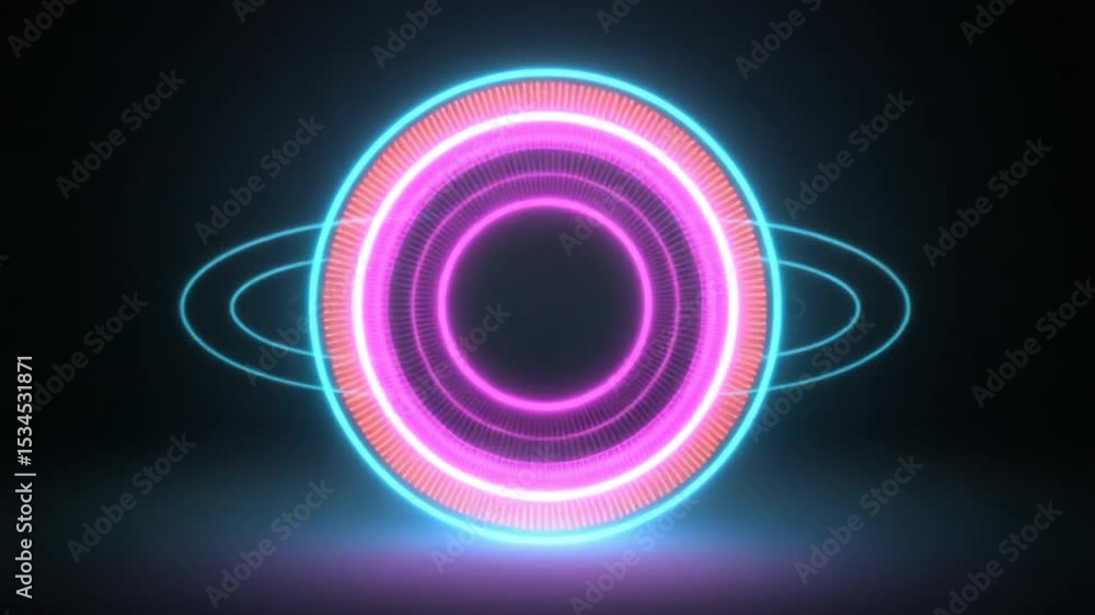 Wall mural dynamic neon circles animation sequence on dark backdrop, futuristic technology concept