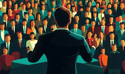 Man giving a speech to large crowd, seen from behind, stylized digital illustration, turquoise and red color palette