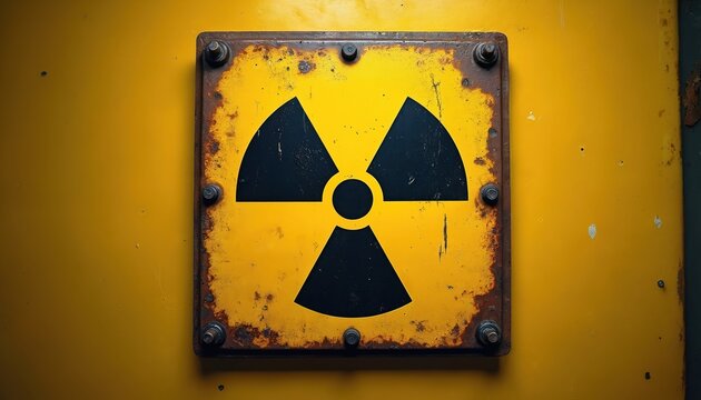 Square yellow sign features radiation symbol, warning radioactive materials. Old rusty metal board with bolts. Indicates danger, nuclear hazard, industrial site, exposure, energy.
