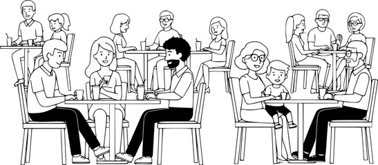 Obraz premium Crowd of relaxed cartoon people sitting at outdoor cafe vector flat illustration. Diverse colorful visitors at summer modern restaurant. Man, woman and children at street cafeteria isolated on white.