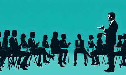 A speaker addresses an audience of silhouetted people seated in chairs against a blue-green background
