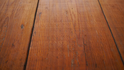 Wooden table top angle view close up. Wooden texture background. Wooden surface mockup for designers.