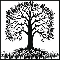 Black Silhouette Tree with Roots and Leaves – Symbolic Nature and Growth Vector Art