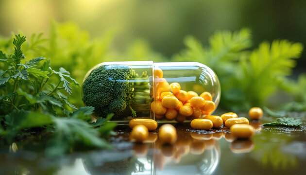 Capsule contains quercetin, broccoli, herbs. Nature background. Antioxidant product promotes health, immunity, wellbeing. Natural supplement for healthy lifestyle. Eco-friendly, organic vitamins,