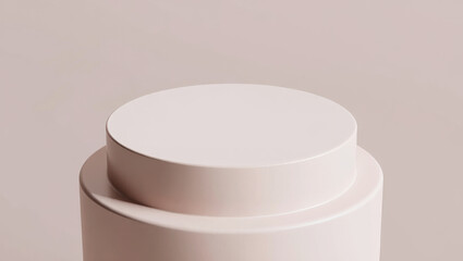 Modern minimalist beige and white cylindrical podium or display stand with layered geometric design against neutral background for product showcase