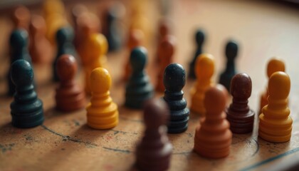 Close-up illustration carrom men board game. Colorful pieces on brown surface. Board game strategy, leisure activity. Entertainment for adults and kids. Wooden carrom men pieces.