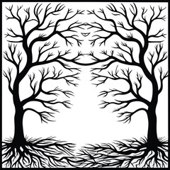 Black Silhouette Tree with Roots and Leaves – Symbolic Nature and Growth Vector Art