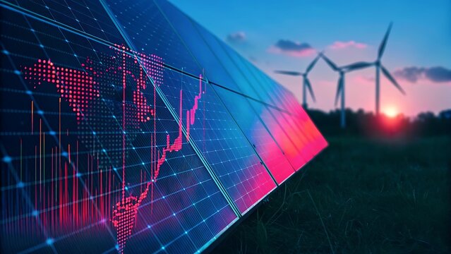 Solar panel energy production growth chart display on grass at sunset with wind turbines in the background. Renewable energy concept, clean power, innovation, sustainability, green eco tech.clean powe