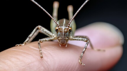 Rare nocturnal bush cricket with long antennae on human fingernail, detailed macro lighting, Madagascar night forest