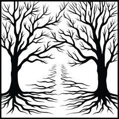 Obraz premium Black Silhouette Tree with Roots and Leaves – Symbolic Nature and Growth Vector Art