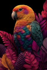 Colorful tropical bird perched amidst vibrant foliage showcasing stunning plumage in a dramatic composition filled with rich hues