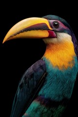 Naklejka premium Vibrant tropical bird with striking colors displays unique plumage and vivid beak against a dark background in stunning detail
