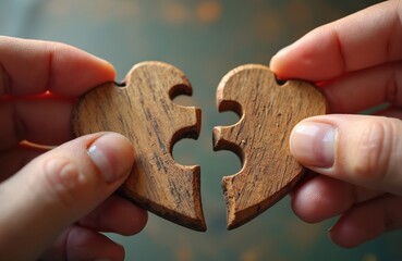 Fototapeta premium Hands putting together heart-shaped wooden puzzle, symbol of connection, love, relationships. Concept of unity, teamwork, support, romance, togetherness. Building trust, family, friendship. Concept