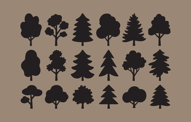 Collection of eighteen black silhouettes of various trees and conifers for design projects