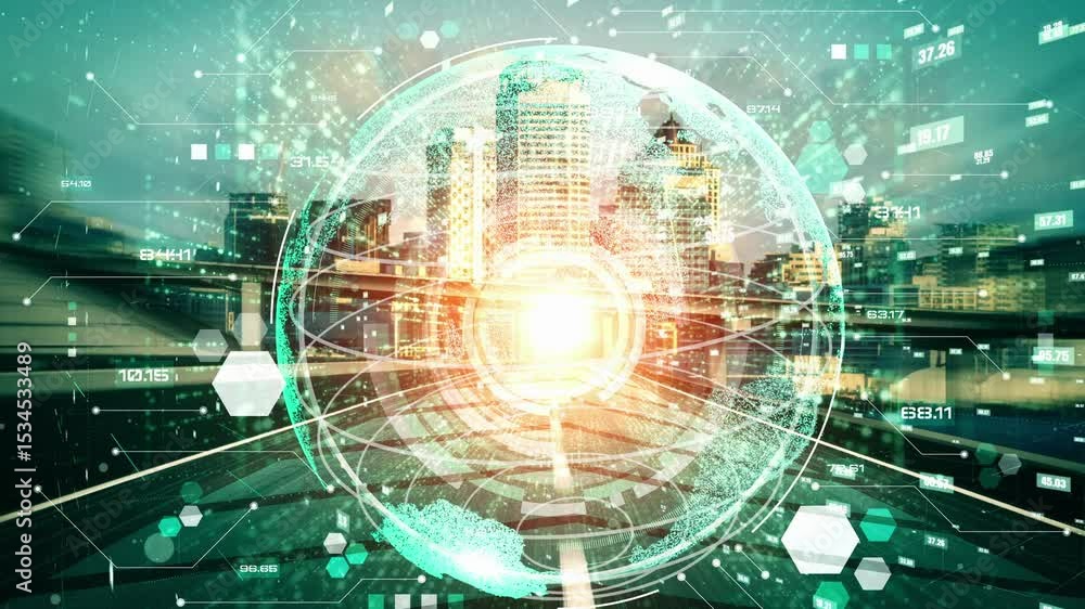 Aufkleber futuristic global network and tacit digital data transfer 3d graphic . concept of smart digital tran