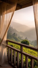 Fototapeta premium view from wooden balcony over Sri Lankan tea plantations at sunrise, soft fog in valleys, warm light, sheer fabric moving in breeze