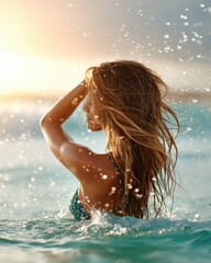 woman emerging from tropical ocean, hair flipping back with water droplets catching sunlight, warm glow and peaceful energy