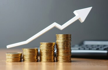 Golden coins stacked with upward arrow symbol. Concept business, finance, investment growth. Calculator in background. Rising trend profit, savings, wealth. Positive economic financial chart