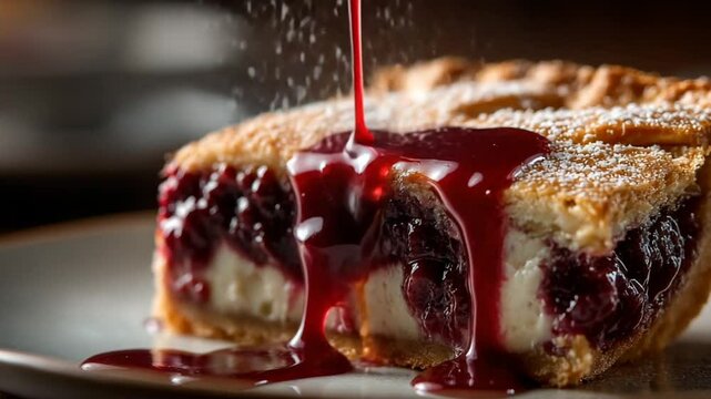 Delicious cherry pie slice with syrup drizzle on plate