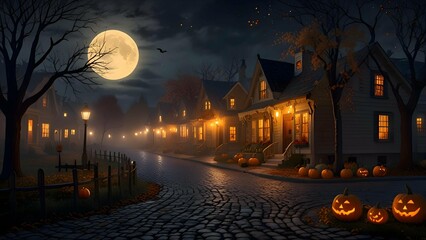 A foggy Halloween night in a quaint village, glowing lanterns lining cobblestone streets, jack-o'-lanterns flickering with warm light, and wisps of smoke curling through the air under a full moon.
